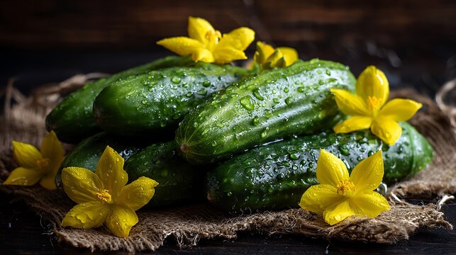 A pile of fresh cucumbers with yellow flowers on a rustic burlap cloth