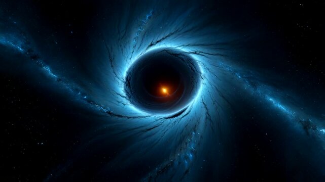 The central object is a perfect dark circle surrounded by an electric blue accretion disk with a texture that resembles a swirling gas cloud or a dynamic energy rift.