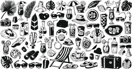 Fototapeta premium Summer Vacation Essentials Collage: Tropical Items Beach Gear and Travel Accessories