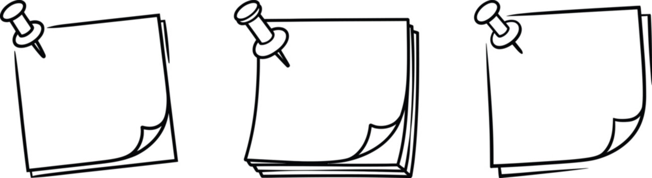 Set of three sticky notes with push pins line art icons