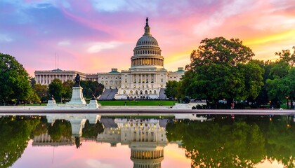Fototapeta premium The US Capitol building at sunset, reflected in a tranquil pool, showcasing the nation's political heart
