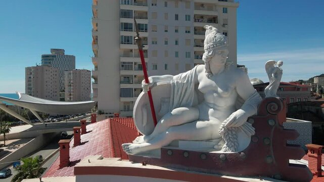 Symbolic maritime goddess sculpture on the facade of the former National Bank, Durres, Albania.
