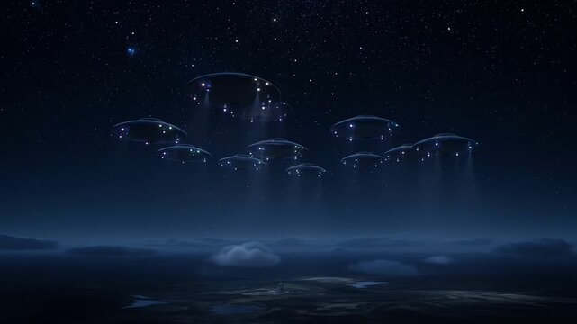 UFO sightings in a dark night sky with multiple glowing flying saucers hovering above a landscape, creating a mysterious and extraterrestrial