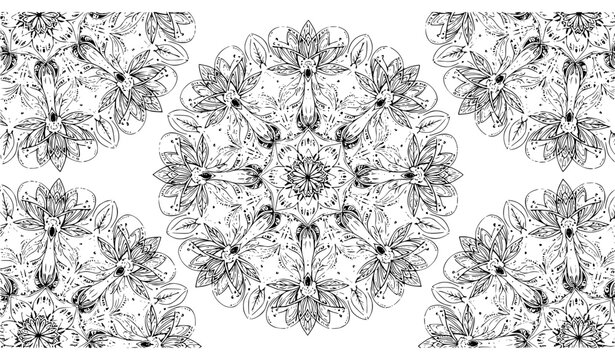 Symmetrical tropical batik seamless pattern with lotus flowers and ornamental leaves in circular medallion vector design