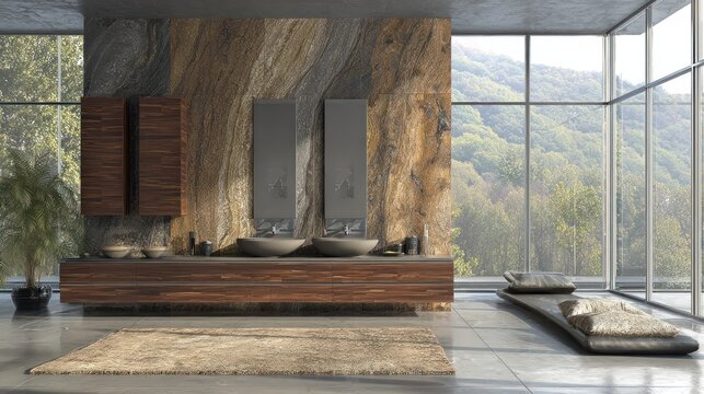 Modern bathroom interior design with wood furniture and large windows