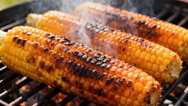 Close-up of delicious corn cobs grilling on a barbecue with smoke rising.