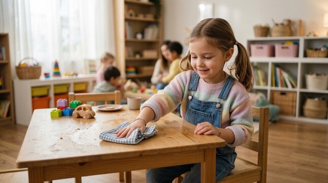 Young girl cleaning kids' table with cloth and smile in a bright classroom