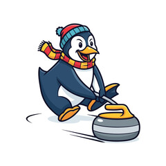 Fototapeta premium Penguin curling action with broom and stone