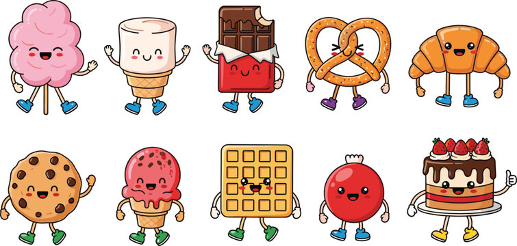  Cute Cartoon Dessert Characters Collection Featuring Cotton Candy, Coffee, Chocolate, Pretzel, Croissant, Cookie, Ice Cream, Waffle, Candy Apple, and Cake Illustrations