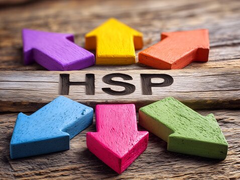 カラフルな矢印のオブジェに囲まれた木板に刻まれたHSPの文字とメンタルケアのイメージ