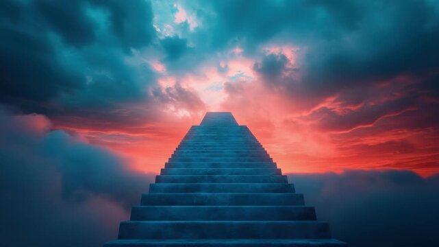 Egyptian pyramid stairs leading into a glowing, mystical sky with clouds and surreal colors.