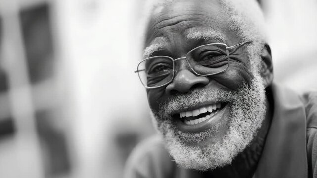 Happy elderly man with white beard and glasses smiling for a portrait video.