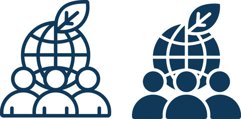 Set of eco community vector icons featuring global people silhouettes and planet earth with green leaves for environmental sustainability © MdLabib