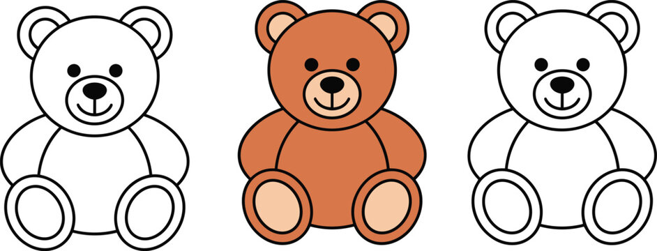 Set of cute teddy bear vector characters with brown colored version and black line art for children coloring books