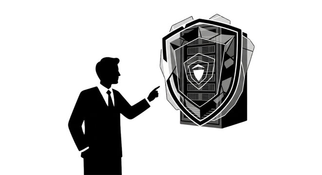 Businessman pointing at a secure server rack protected by a digital shield symbolizing cybersecurity and data protection systems