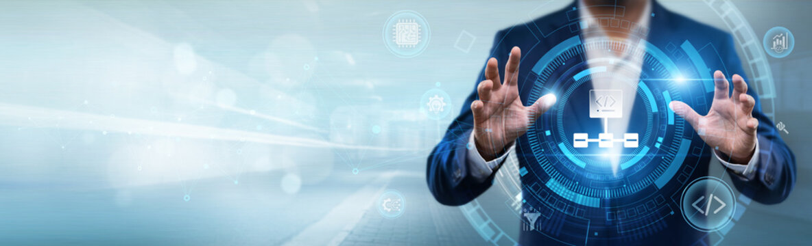 Businessman holding algorithm development interface with data network, coding, software engineering, data processing and digital innovation concept