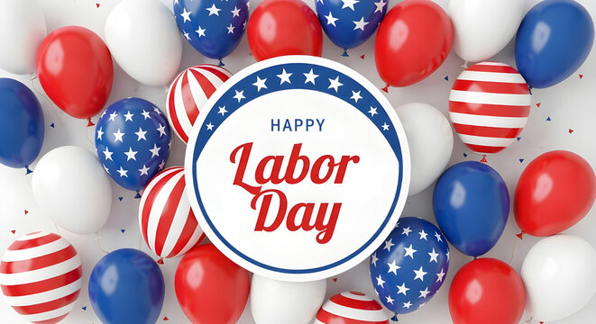 Happy labor day celebration with red, white, and blue balloons on white background