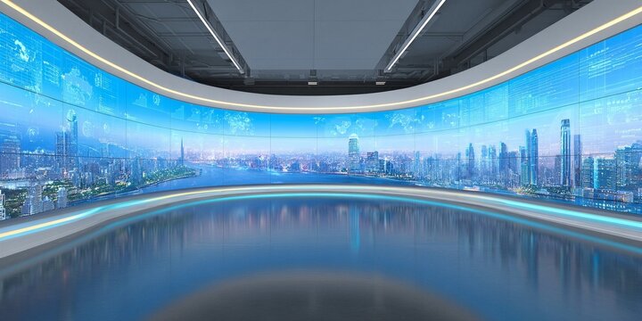 Futuristic studio with a massive curved screen showing a cityscape and data. A polished floor reflects the high-tech, immersive display.