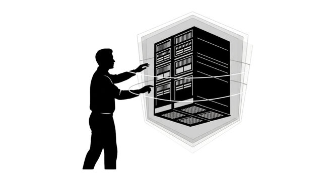 Silhouette of an IT engineer interacting with a secured server rack in a modern high-tech data center environment