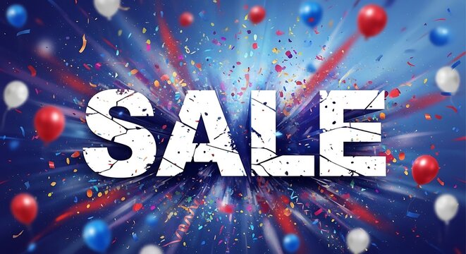 Festive sale announcement with confetti and vibrant red white and blue colors