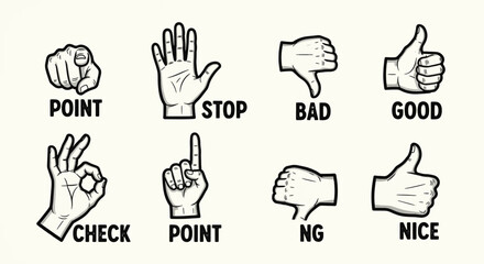 Fototapeta premium A collection of illustrated hand gestures representing various common signals and actions on a neutral background.