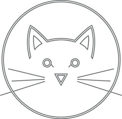 Fototapeta premium Simple black line art illustration of a cute cat face peeking out from a circular frame, perfect for pet-related designs and minimalist animal logos.
