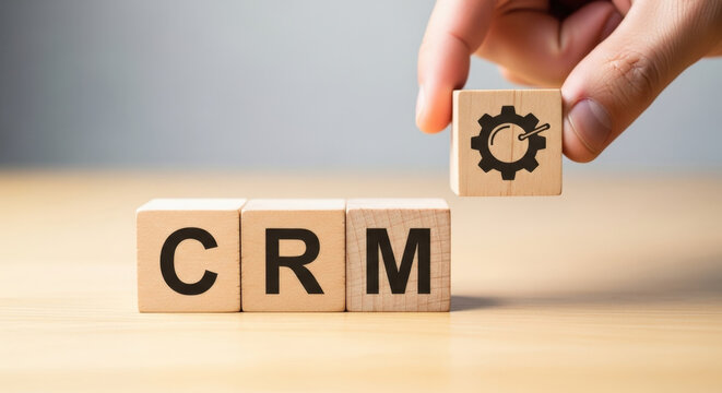 CRM System Concept with Wooden Blocks Depicting Customer Relationship Management and Gears Symbol Optimizing Client Interactions