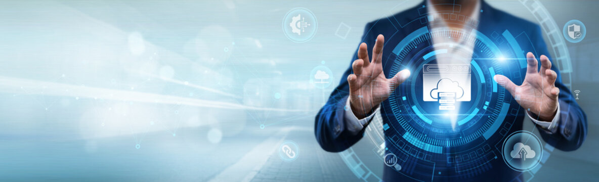 Businessman holding web hosting interface with networking data, cloud servers, website management, online infrastructure and IT services concept