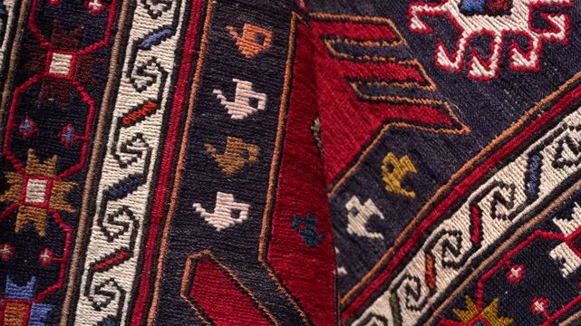 High-resolution macro photography of a traditional handwoven kilim. Detailed Ethnic Carpet Weave with Wool Threads