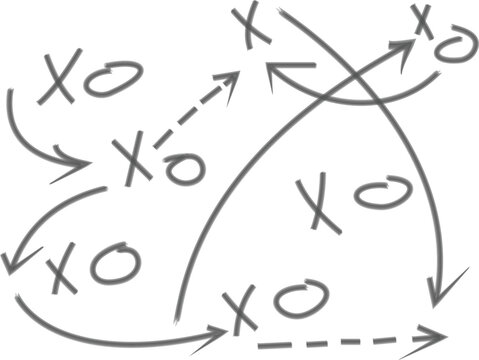 Grey hand drawn tactical play diagram with arrows and x o symbols on a white background
