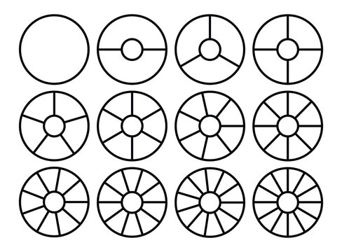 Circle division 1, 2, 3, 4, 5, 6, 7, 8, 9, 10, 11, 12 equal parts blank. Circle divided diagrams, sections, segments. Circle pie chart infographic wheel segment fraction. Info-graphic icons set vector