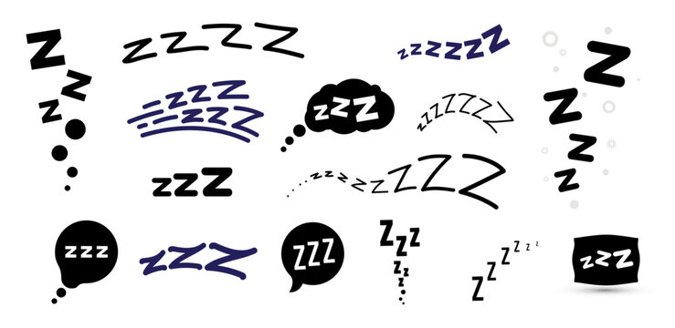 Set of lettering zzzz doodle style. Snore sleeping symbols. Comic text elements of dream, rest and nap. Sound snoring effects for cartoon design, modern trendy vector illustration collection.