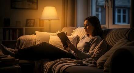 Fototapeta premium A serene scene of a woman enjoying a book on a comfortable couch in a warmly lit living room, exuding relaxation and coziness.