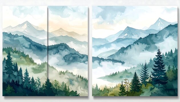 Three panel art print features a serene watercolor landscape with layered mountains, trees, and ethereal clouds in blue and green hues