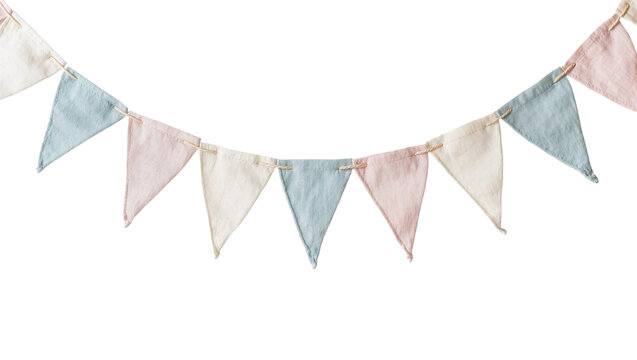 Isolated pastel fabric party banner garland for celebrations, birthdays, baby showers, events.