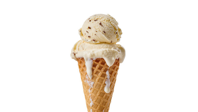 Isolated delicious waffle cone with two scoops of melting vanilla chocolate chip ice cream.