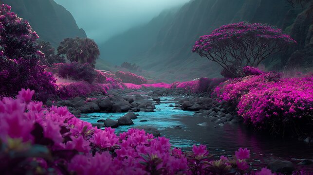Vibrant magenta flowers along a rocky stream in a deep valley with overcast moody blue skies