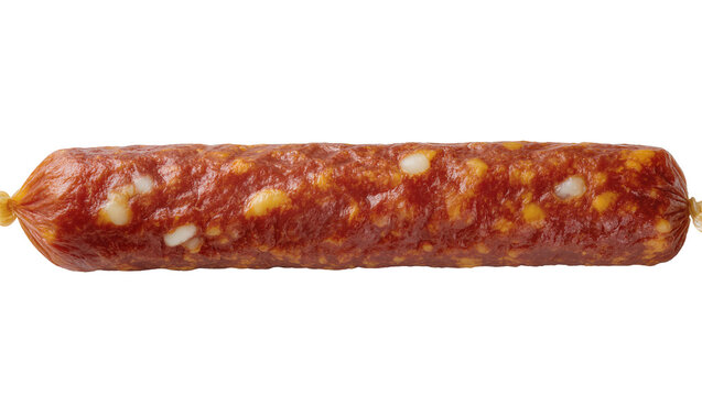 Isolated delicious red spicy cured salami sausage with visible fat pieces, traditional deli meat