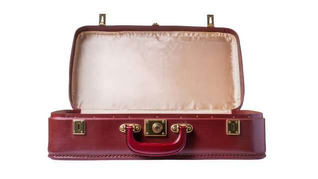 Isolated open empty vintage leather briefcase or suitcase with golden locks and handle