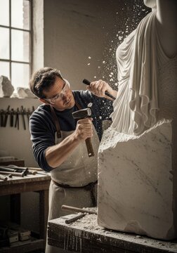 Sculptor crafting statue with hammer and chisel in workshop environment