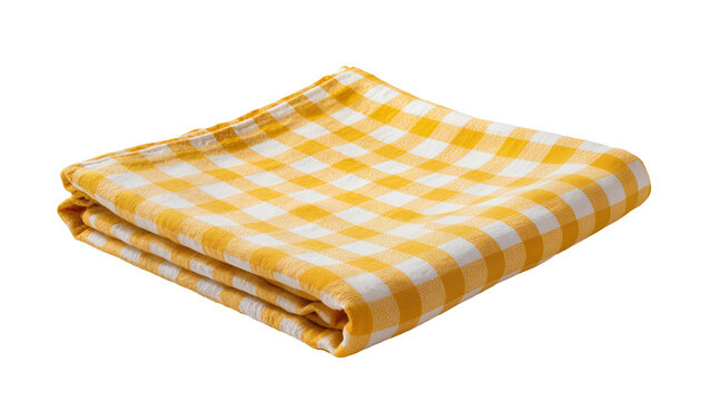 Isolated neatly folded yellow and white gingham pattern kitchen towel or picnic blanket