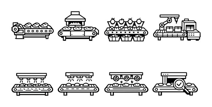 Bakery conveyor belts baking and inspecting loaves in factory