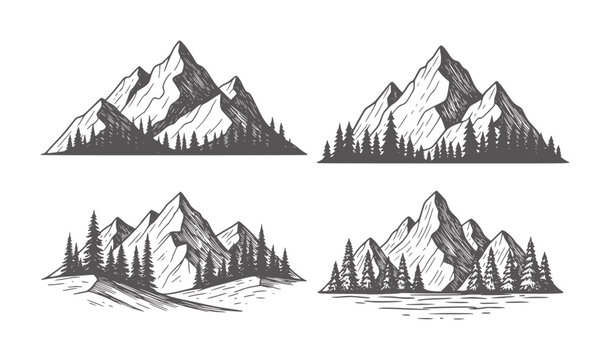 Four hand drawn mountain range with pine trees and textured backgrounds forest