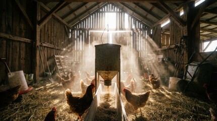 Chickens in a traditional wooden barn with beautiful sunlight rays during feeding time.