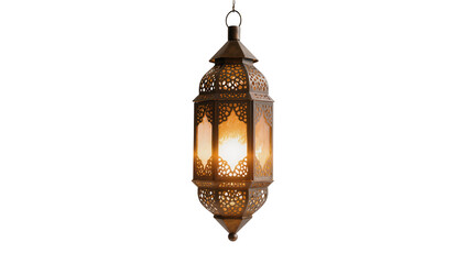 Isolated antique ornate metal lantern glowing warmly for festive Middle Eastern decor © Maria