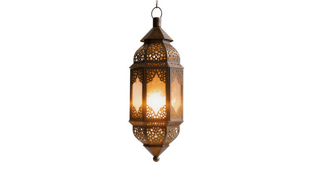 Isolated antique ornate metal lantern glowing warmly for festive Middle Eastern decor