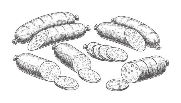 Hand drawn of sliced and whole sausages white meat food vintage monochrome