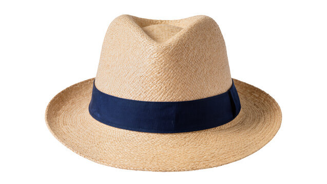 Isolated straw fedora hat with a navy blue ribbon band, perfect for summer fashion and travel.