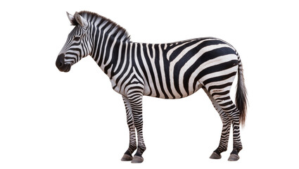 Obraz premium Isolated graceful zebra standing in full body side view, a beautiful wild animal with striking stripes