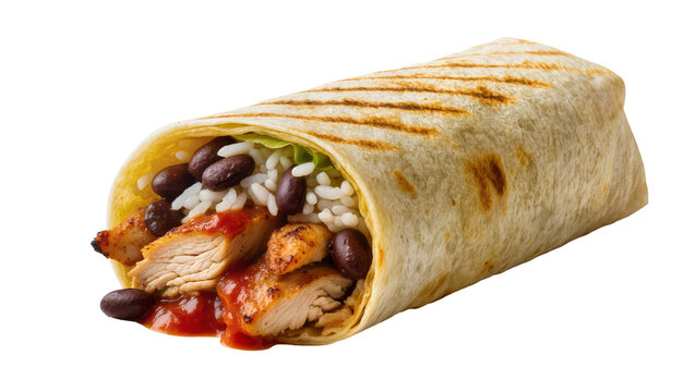 Isolated savory grilled chicken burrito filled with rice, black beans, and tangy sauce